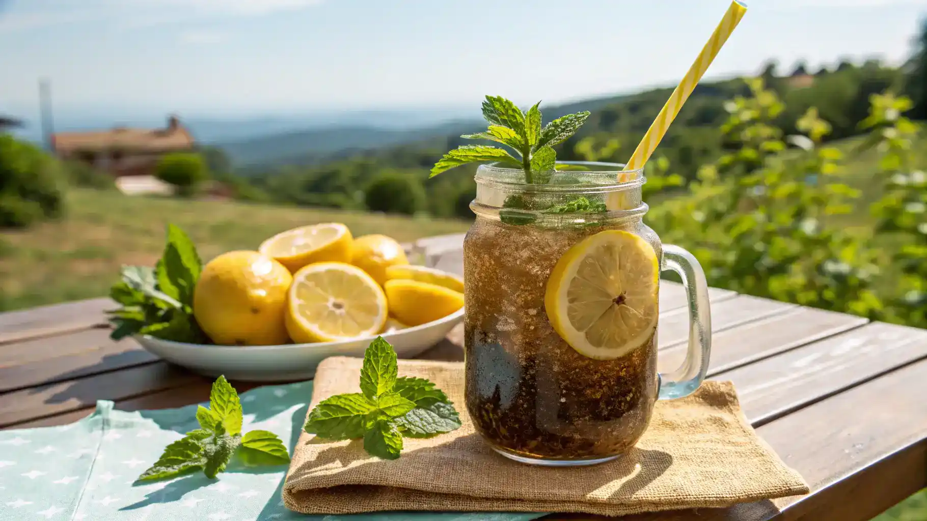 A finished muddy water drink served in a mason jar with lemon slices and mint leaves.
