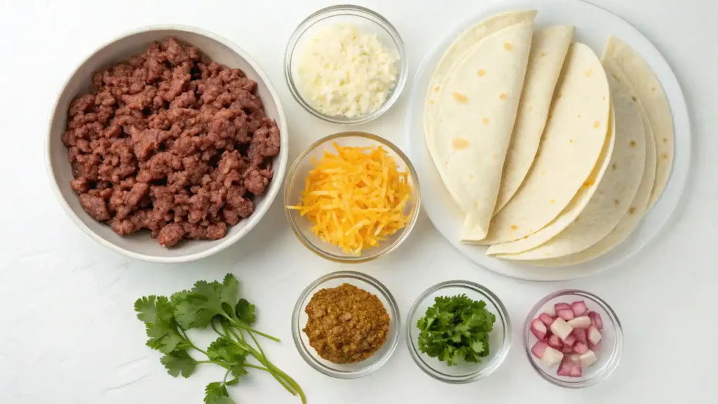 Ingredients for Beef Taquitos laid out on a kitchen counter.