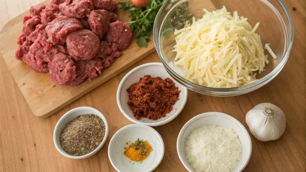 Ingredients for cheesy meatballs displayed on a wooden countertop.