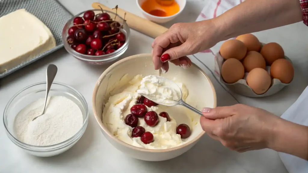 Chef preparing Cherry Cheesecake by mixing cream cheese and sugar.