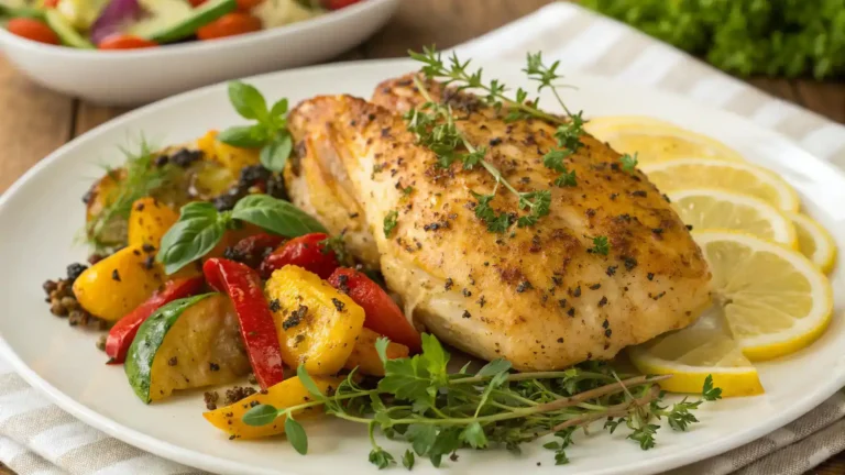 A beautifully plated baked lemon pepper chicken dish garnished with fresh herbs and served with colorful vegetables.