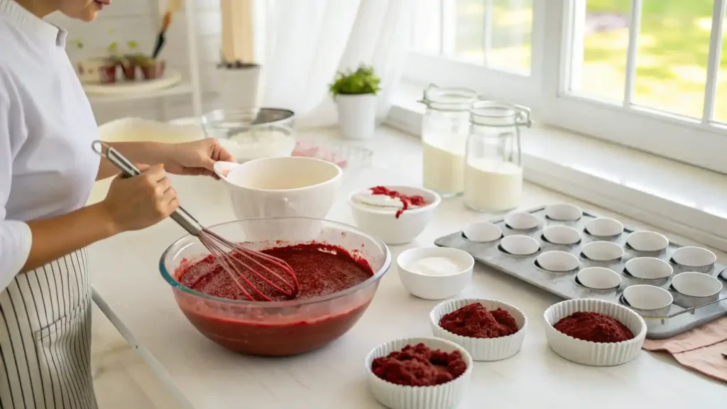 A stunning red velvet cake with cream cheese frosting and fresh berries on a wooden table.