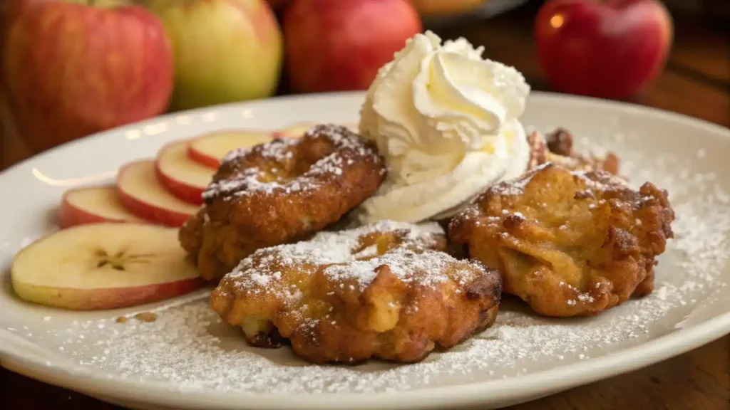 Freshly baked apple fritters served on a plate, garnished with powdered sugar.