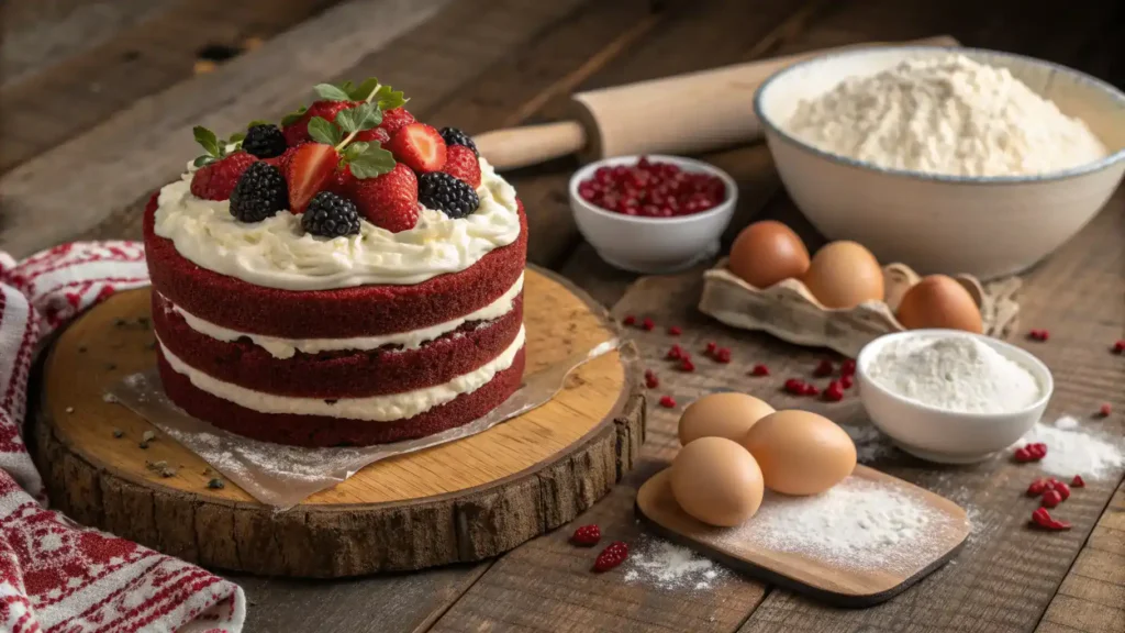 A stunning red velvet cake with cream cheese frosting and fresh berries on a wooden table.