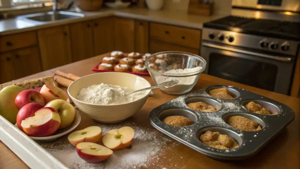 A step-by-step guide to making baked apple fritters, showing ingredients and preparation steps.