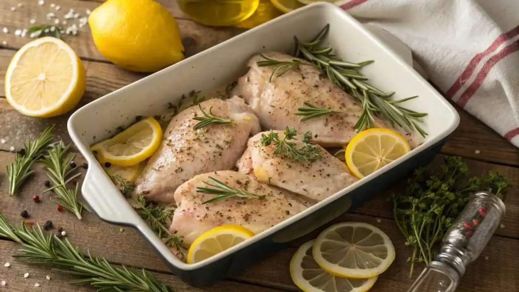 Marinated chicken breasts in a baking dish ready to be baked, with fresh lemons and herbs around.