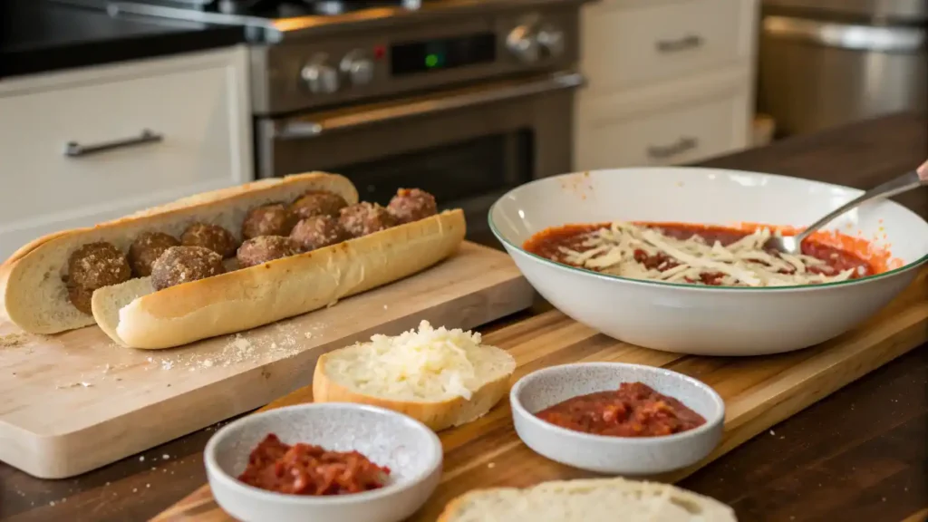 Step-by-step preparation of meatball sub ingredients and cooking process.