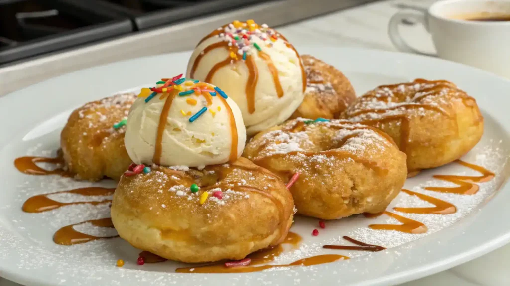 Serving suggestions for baked apple fritters with toppings.