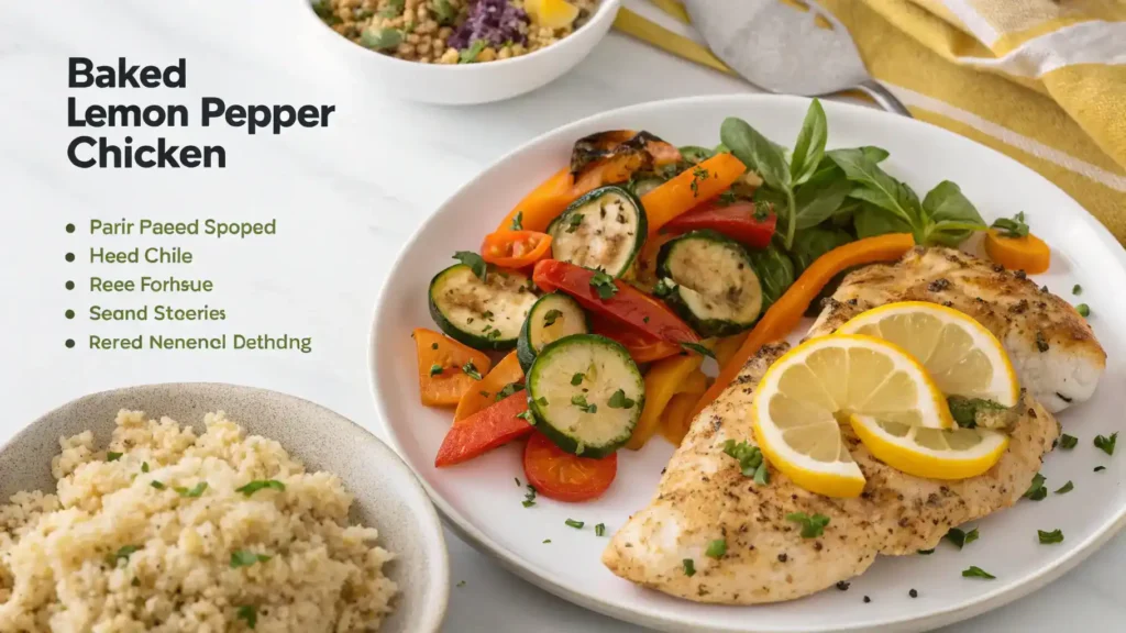 Create a detailed image showing various serving suggestions for baked lemon pepper chicken, including salads, quinoa, and roasted vegetables.