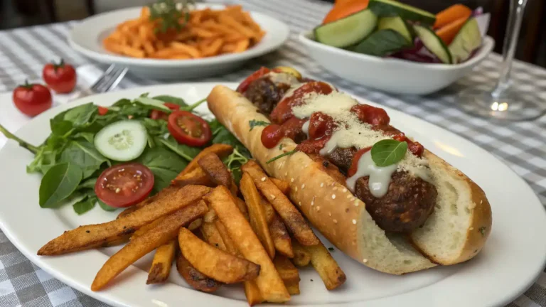 Meatball sub served with sides for a complete meal.