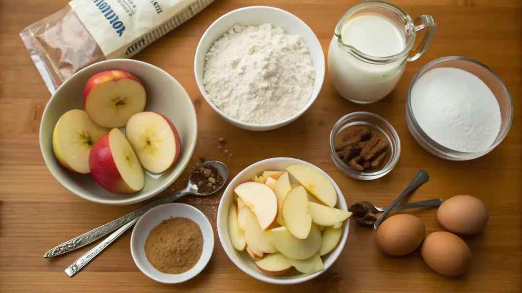 Ingredients for baked apple fritters including flour, apples, sugar, and spices.