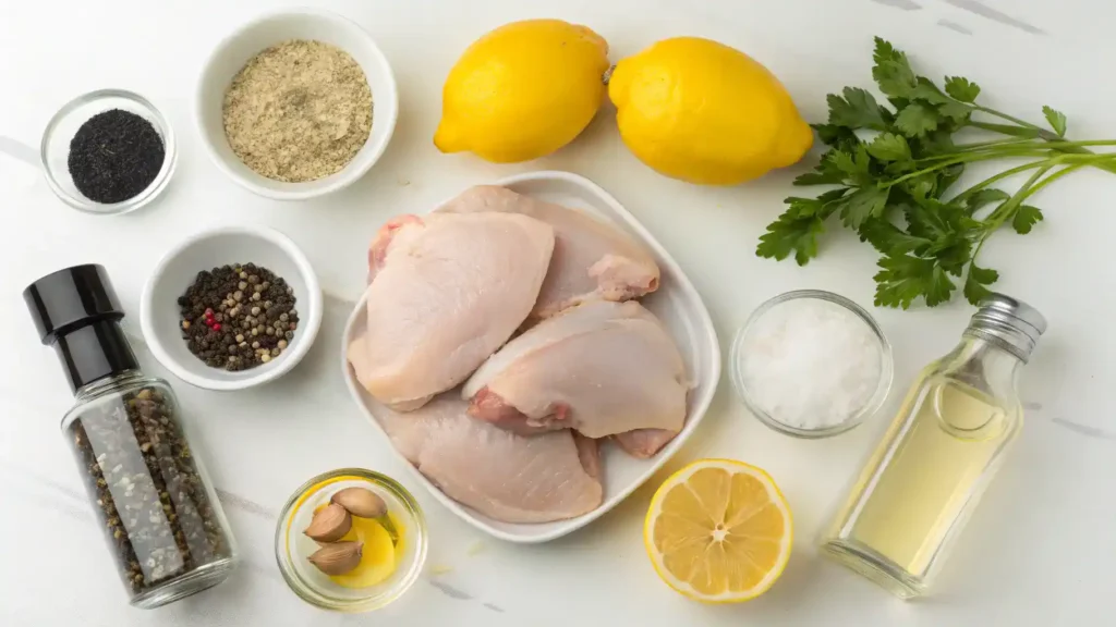 Ingredients for baked lemon pepper chicken laid out on a wooden table, including chicken thighs, lemons, and spices.