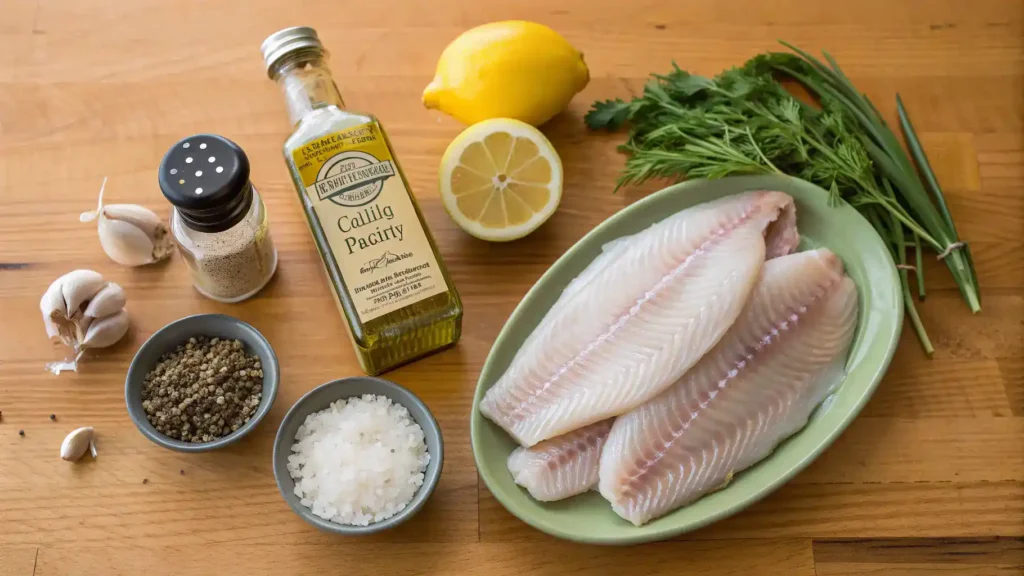 Ingredients for Gortons Tilapia recipe displayed on a wooden countertop.