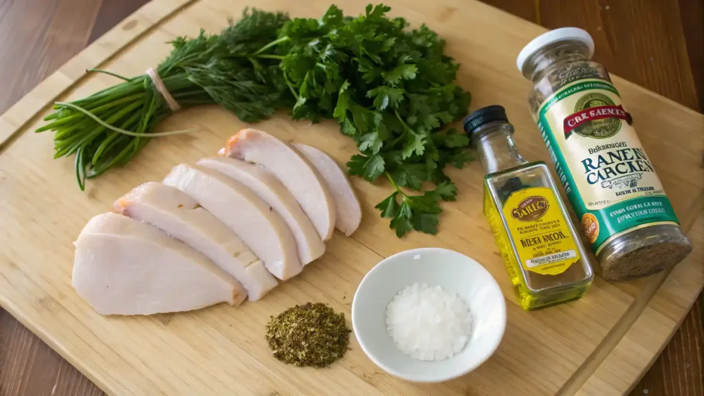 Ingredients for Ranch Chicken displayed on a wooden table.