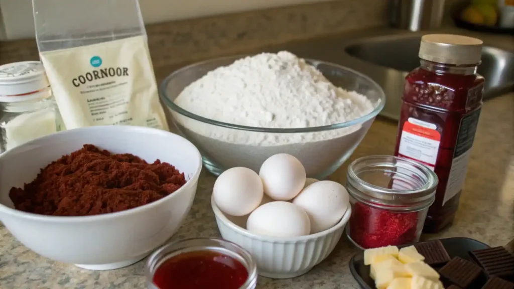 Ingredients for red velvet cake including flour, cocoa powder, and eggs.