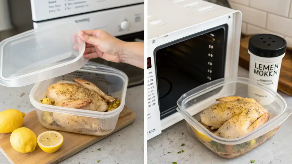 Storing and reheating baked lemon pepper chicken in airtight containers.