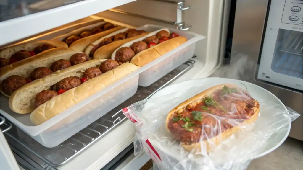 Storing and reheating meatball subs for later enjoyment.