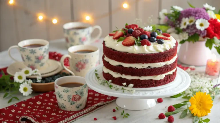 A beautifully served red velvet cake on a festive table.