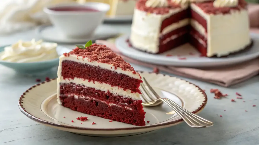 A slice of red velvet cake with cream cheese frosting on a plate.