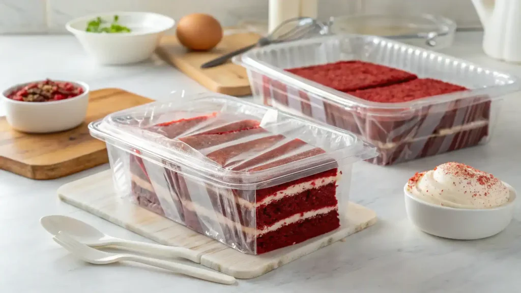 Storing leftover red velvet cake slices in an airtight container.