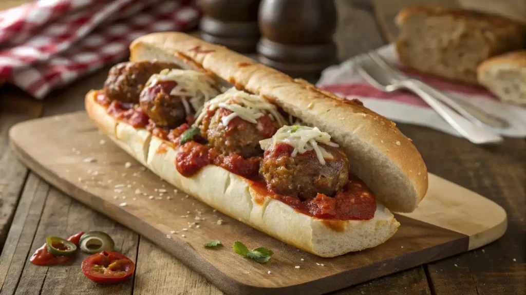 Delicious meatball sub with melted cheese and marinara sauce.